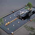 Outdoor Modern Water Fountain With Rock Formations Small Tree And Ambient Lighting