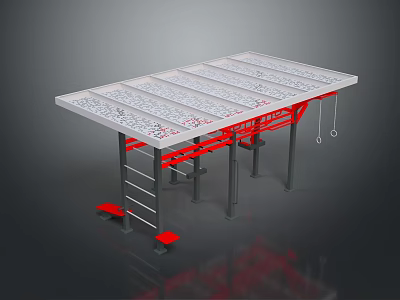 Industrial Style Dining Table With White Tabletop Red Metal Frame Ladder And Hooks 3d model