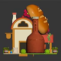 Cartoon Building with Red Roof White Walls Red Bottle Structure Chicken Leg Decoration Green Lawn