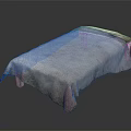 Modern Bed With Light Colored Furry Blanket And Wooden Frame On Dark Surface