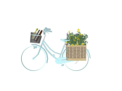 Charming Garden Decor with Light Blue Bicycle Basket Holding Yellow Flowers and Plants 3d model