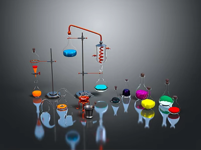 Colorful Electronic Lab Testing Equipment With Metal Stands On Reflective Black Surface 3d model