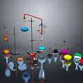 Colorful Electronic Lab Testing Equipment With Metal Stands On Reflective Black Surface