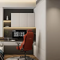 Tatami Bedroom Interior With Bed Red Gaming Chair At Desk White Cabinets And Wooden Floor