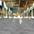 Garden Landscape Corridor With Ceiling Paintings Lit Pillars Stone Floor And People In Traditional Costumes