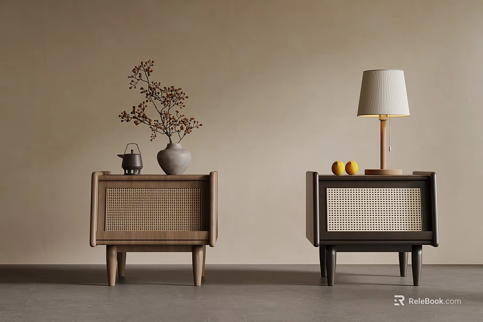 Stylish Light And Dark Wood Bedside Tables With Woven Panels Vase Teapot Lamp And Lemons 3d model 