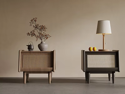 Stylish Light And Dark Wood Bedside Tables With Woven Panels Vase Teapot Lamp And Lemons 3d model