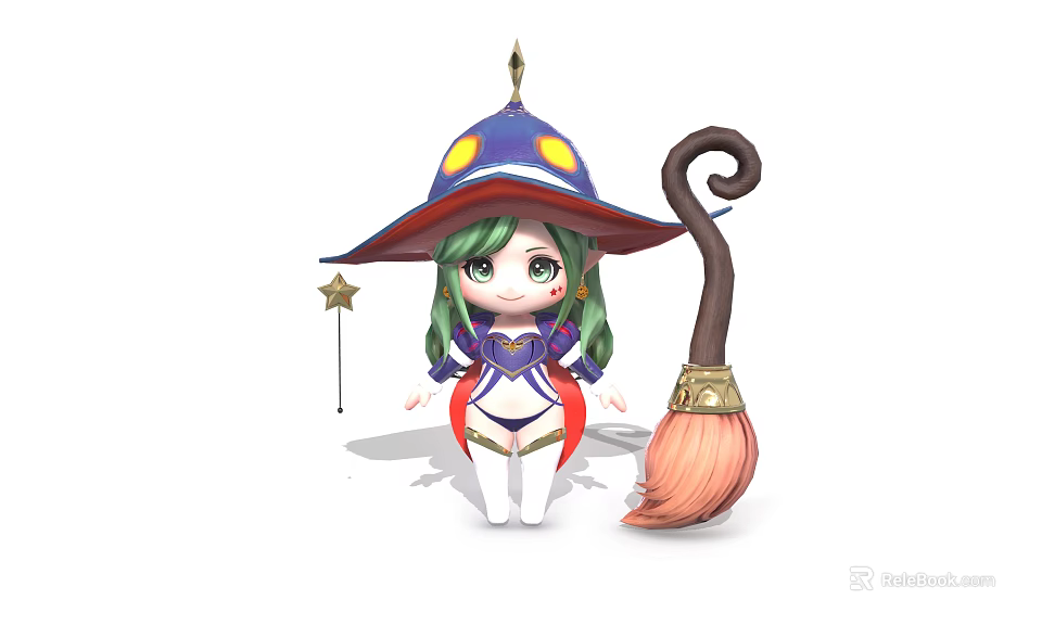 Cartoon Witch Character with Purple Hat Green Hair Magic Wand and Broomstick 3d model 