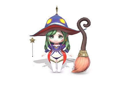 Cartoon Witch Character with Purple Hat Green Hair Magic Wand and Broomstick 3d model