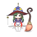 Cartoon Witch Character with Purple Hat Green Hair Magic Wand and Broomstick