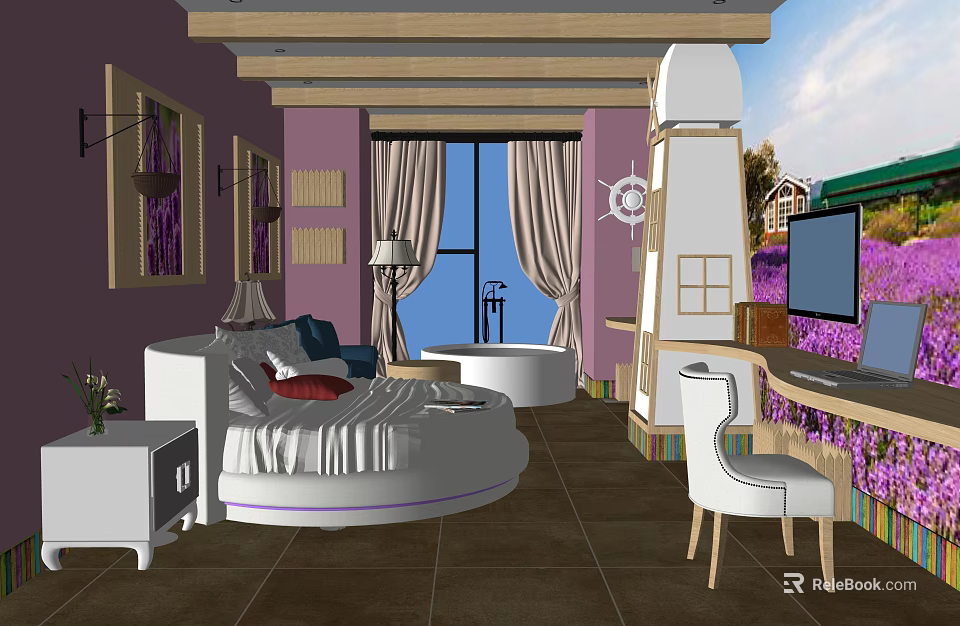 Purple Themed Hotel Guest Room With Round Bed Floor To Ceiling Windows And Desk Chair 3d model 