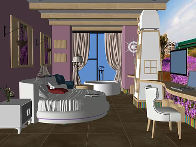 Purple Themed Hotel Guest Room With Round Bed Floor To Ceiling Windows And Desk Chair 3d model