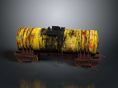 Yellow Rusty Functional Tanker Wagon With Ladder On Railway Track And Metal Wheels 3d model