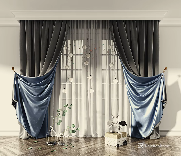 Dark Gray And Blue Window Curtains With Sheer White Panels And Decorative Plants 3d model 