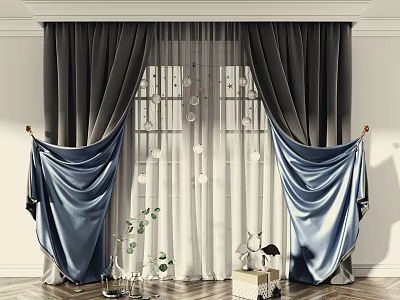 Dark Gray And Blue Window Curtains With Sheer White Panels And Decorative Plants 3d model