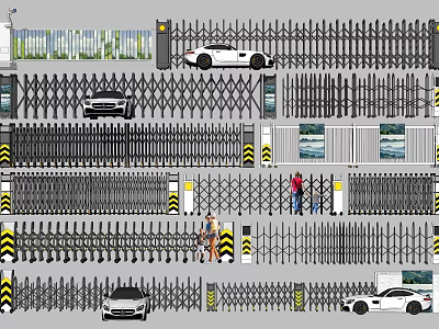 Various Retractable Security Gates With Cars And People Nearby Entrance 3d model