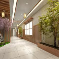 Japanese Elevator Hallway With Wooden Beams Cherry Blossom Trees Bamboo Lanterns Benches And Blue Decor