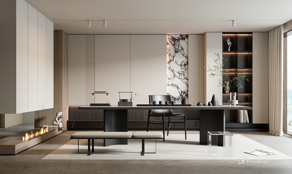 Modern Tea Room Interior With Marble Wall Wooden Table And Green Plants 3d model 