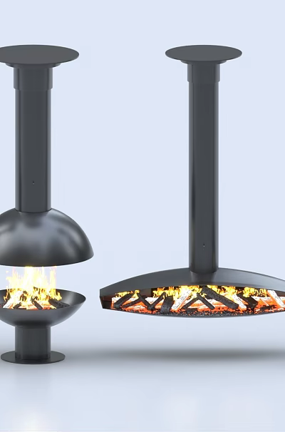 Modern Interior Fireplace Designs With Black Finish Different Styles And Burning Flames 3d model