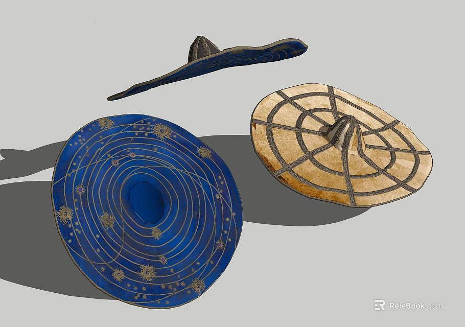 Traditional Decorative Hats Featuring Blue Patterned And Woven Brown Designs 3d model 