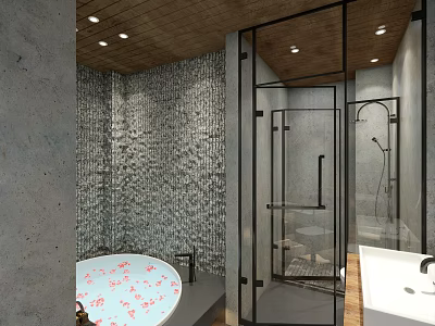 Hotel Bathroom Interior With Stone Wall Glass Shower And Bathtub With Petals Wooden Ceiling 3d model