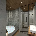 Hotel Bathroom Interior With Stone Wall Glass Shower And Bathtub With Petals Wooden Ceiling