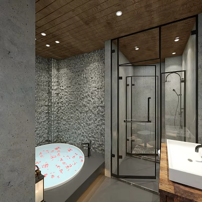 Hotel Bathroom Interior With Stone Wall Glass Shower And Bathtub With Petals Wooden Ceiling 3d model