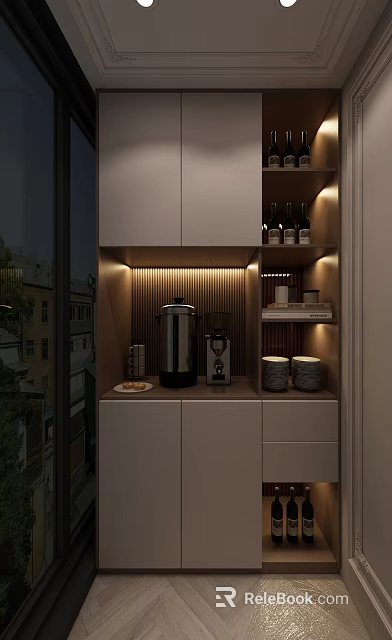 Stylish Bar Counter With Light Gray Cabinets Strip Lighting Coffee Machine Plates And Wine Bottles 3d model 