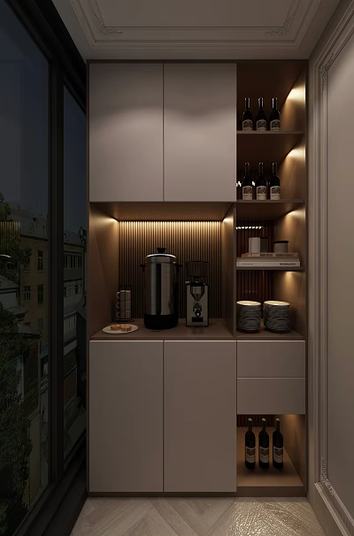 Stylish Bar Counter With Light Gray Cabinets Strip Lighting Coffee Machine Plates And Wine Bottles 3d model