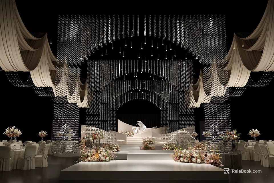 Luxurious Wedding Stage with Crystal Decorations Hanging Draperies Arched Backdrop Flower Arrangements and White Steps 3d model 