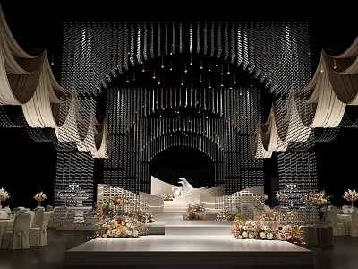Luxurious Wedding Stage with Crystal Decorations Hanging Draperies Arched Backdrop Flower Arrangements and White Steps 3d model