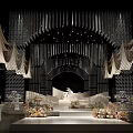 Luxurious Wedding Stage with Crystal Decorations Hanging Draperies Arched Backdrop Flower Arrangements and White Steps