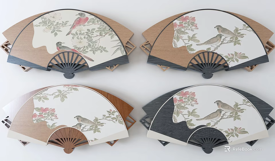 Decorative Fan Shaped Wall Decor With Birds Floral Patterns And Wooden Frames 3d model 