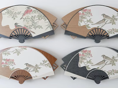 Decorative Fan Shaped Wall Decor With Birds Floral Patterns And Wooden Frames 3d model