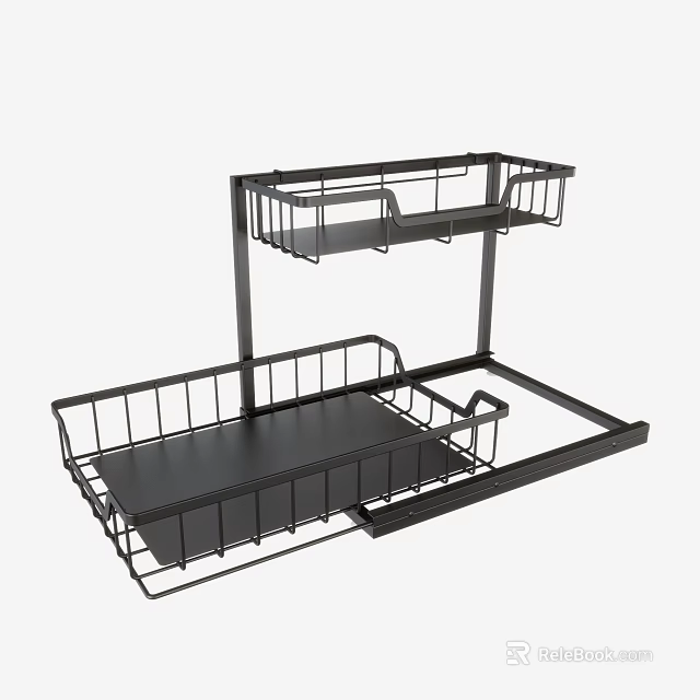 Black Metal Two Tier Display Rack With Tray And Wire Shelves 3d model 