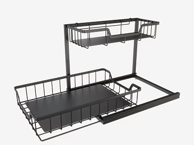 Black Metal Two Tier Display Rack With Tray And Wire Shelves 3d model