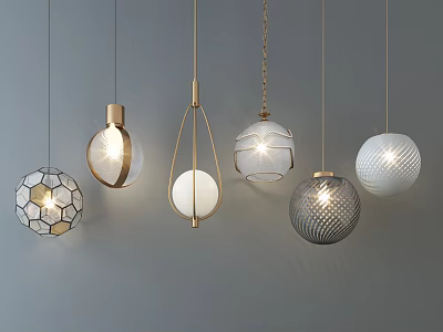 Modern Pendant Lights With Diverse Designs And Metallic Frames On Gray Wall 3d model