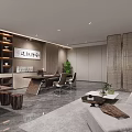 Modern Office Reception Area With Bright Lighting Marble Countertop Green Plants And City View