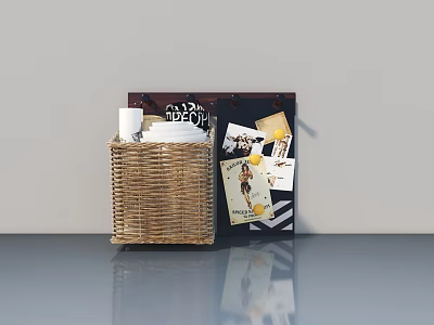 Stylish Hinged Door Design With Wicker Basket White Cups Plates And Shopping Bag 3d model