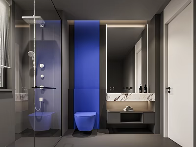 Modern Blue Bathroom Interior With Glass Partition Toilet And Marble Countertop Mirror 3d model