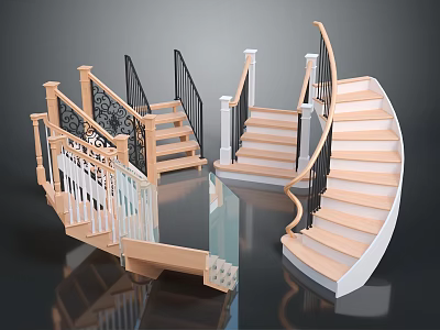 Various Modern Elegant Staircase Designs With Wooden Steps And Iron Glass White Railings 3d model