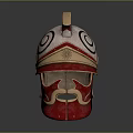 Ancient Warrior Helmet With Red Gold Spiral Patterns And Sun Emblem 3d model