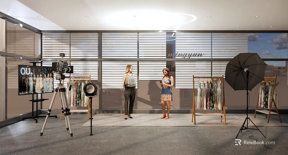 Spacious Public Office Space Featuring People Conversing Clothing Racks And Photography Gear 3d model 