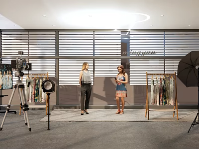 Spacious Public Office Space Featuring People Conversing Clothing Racks And Photography Gear 3d model