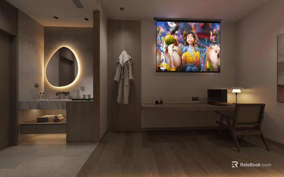 Modern Hotel Guest Room With Bathroom Area Oval Mirror Bathrobe And Colorful Wall Painting 3d model 