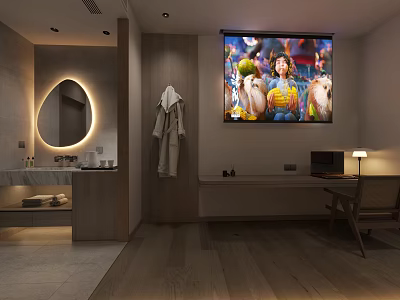 Modern Hotel Guest Room With Bathroom Area Oval Mirror Bathrobe And Colorful Wall Painting 3d model