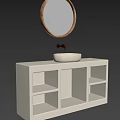 Minimalist Bathroom Vanity With Stone Countertop Round Wooden Frame Mirror And Faucet Storage Compartments