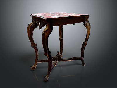 Vintage Wooden Table With Decorative Patterned Top And Ornate Carved Legs 3d model