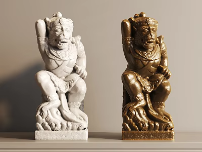 Traditional Carved Sculptures With White And Gold Squatting Figures And Ornate Details 3d model
