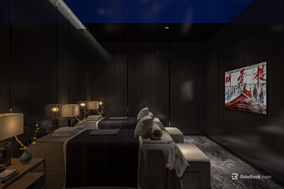 Serene SPA Sauna Interior with Massage Beds Towels Soft Lighting and Decorative Painting 3d model 